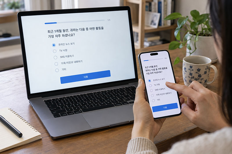 노트북과 휴대전화에서 웹 설문에 응답하는 모습